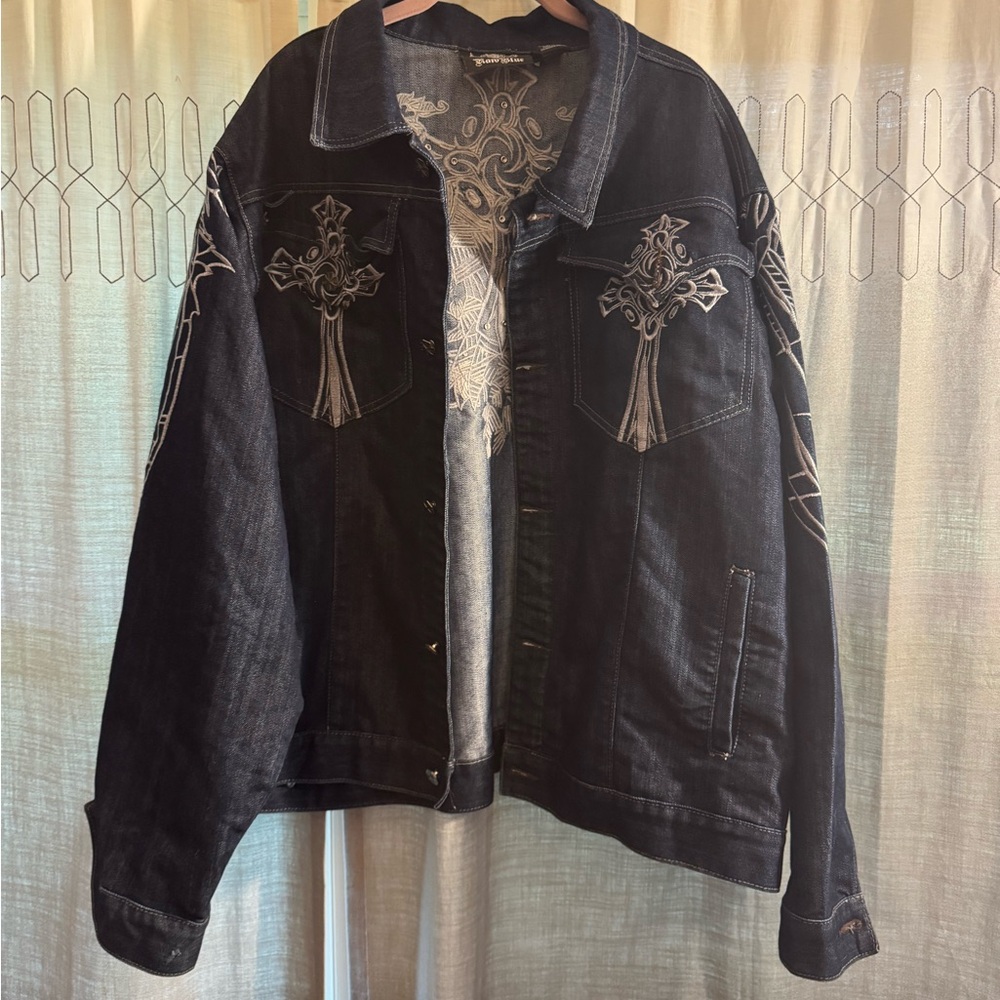 Raw blue Men's Denim Jacket with Embroidered Crosses, wings on the sleeves.